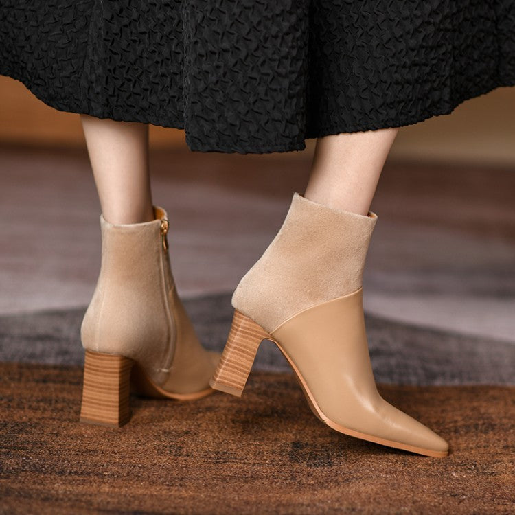 Bottines en cuir de vache à bout carré et talon épais