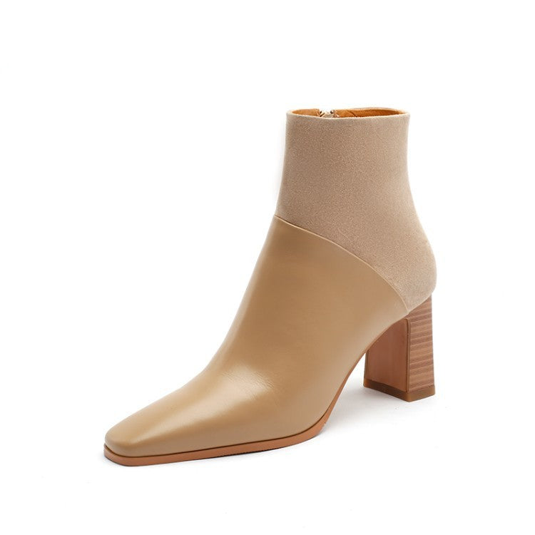 Bottines en cuir de vache à bout carré et talon épais