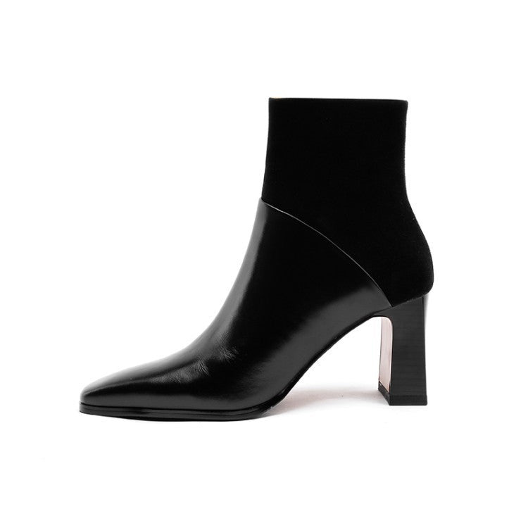 Bottines en cuir de vache à bout carré et talon épais